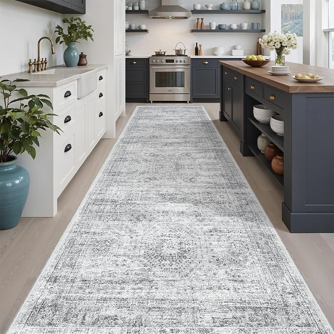 Soalmost Washable Hallway Runner Rug 3x10 Kitchen Entry Rugs Non-Slip, Grey | Vintage Long Runners 10ft for Bathroom Laundry Room, Foldable Low-Pile Wide Floor Carpet Mat for Entryway Corridor Bedroom