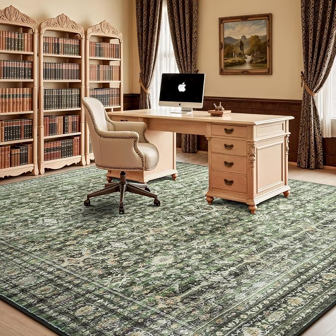 10x14 Area Rugs for Living Room, Green Washable Non-Slip Large Carpet | Soft Boho Area Rug for Bedroom Dining Room Home Office Indoor Nursery, Stain Resistant, Low Pile, Vintage Distressed Rug