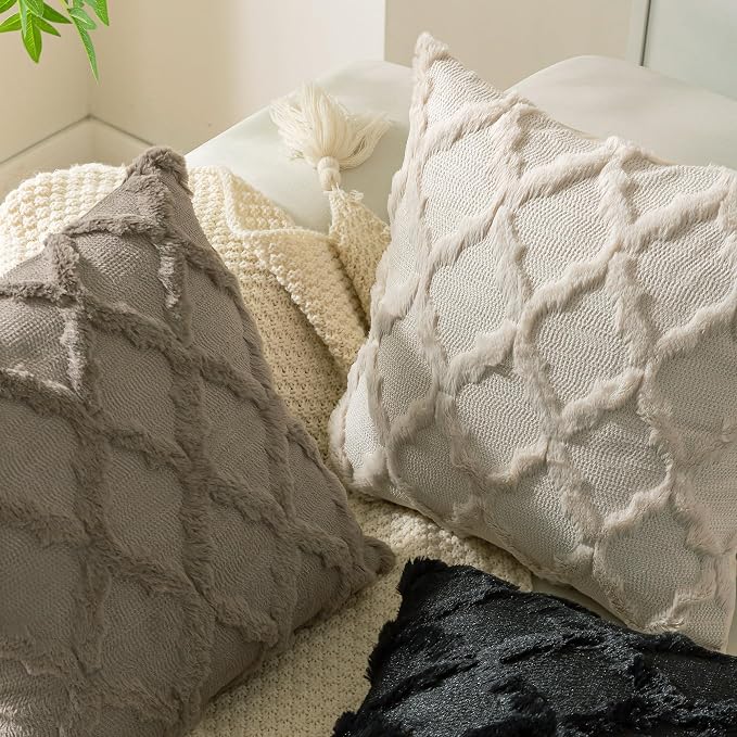Set of 2 Soft Moroccan Throw Pillow Covers 12x20 Inch Plush Boho Decorative Pillow Cover Accent Cushion Case for Couch Sofa Bed, Beige