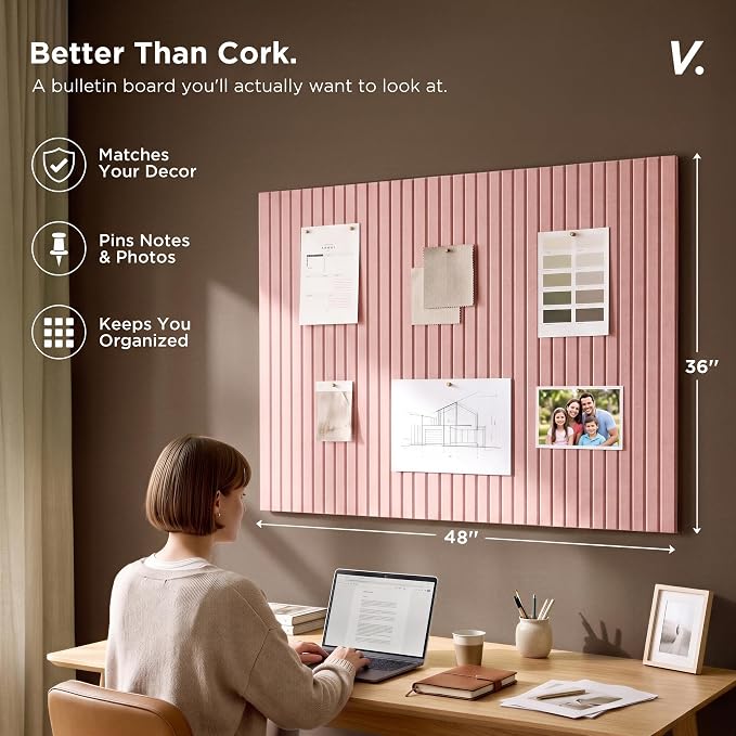 Felt Bulletin Board Tiles 48"x36" - 12-Pack Cork Board Alternative, Oeko-TEX Certified, NRC 0.95 Acoustic Wall Panels, Damage-Free Adhesive, Slatted Design, Home Office & Classroom (Salmon)