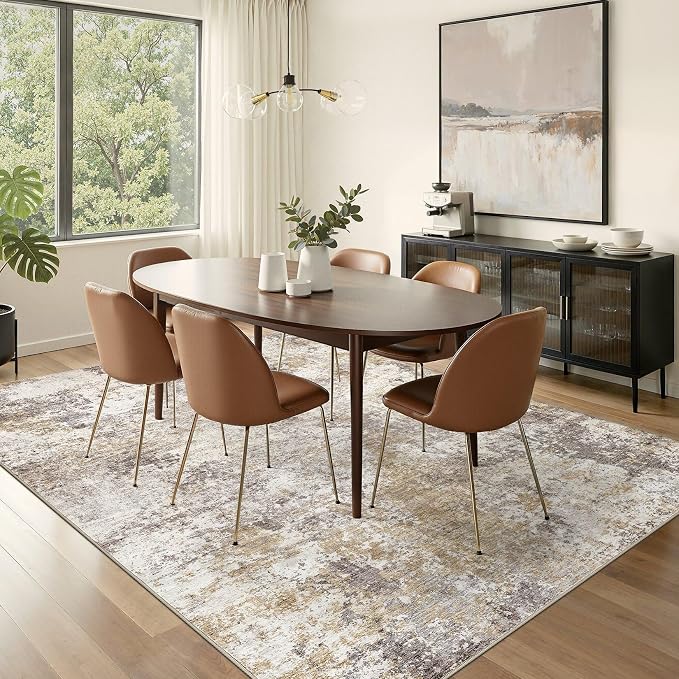 Nakagishi 10X14 Area Rugs for Living Room: Washable Modern Abstract Rug with Non-Slip Silicone Backing Low Pile Soft Carpet for Bedroom & Dining Decor Ideal for Families with Kids and Pets-Brown