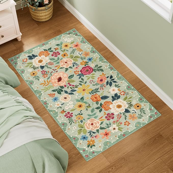DUKINO 2x4 Entryway Rug, Floral Washable Kitchen Rugs Non Slip, Green | Low Pile, Soft Indoor Runner Rug for Hallway, Bedroom, Bathroom, Laundry, Pet Friendly, Modern Home Decor, Stain Resistant