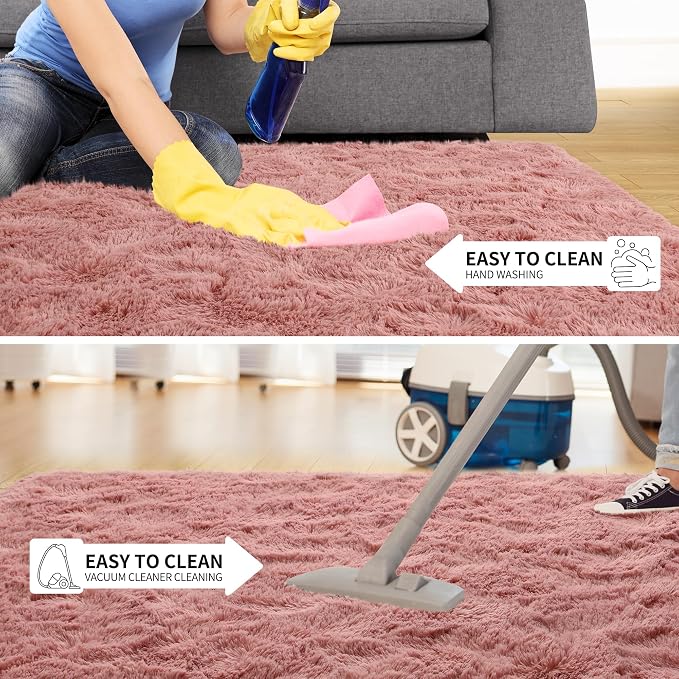 Tepook Blush Pink Area Rugs for Living Room Girls Bedroom, 9x12 Fluffy Shaggy Dusty Pink Rug for Kids Room Playroom, Plush Shag Non-Slip Carpet for Nursery Dorm Classroom, Cute Rose Beige Rug