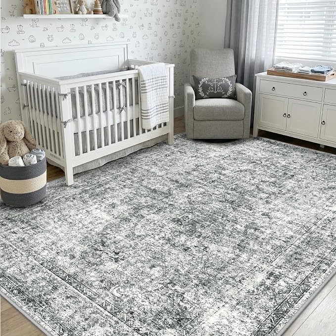 CAPALOCA 3x5 Washable Nursery Girls Low Pile Area Rug Grey | Non-Slip Soft Rugs for Bedroom Kids Playroom Living Room, Print Pattern Water Repellent Carpet Indoor Decor