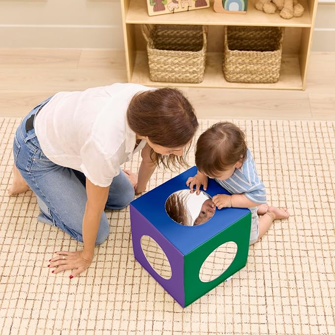 Back2School Express Peek ‘n’ See Sensory Activity Mirror Cube for Babies 6+ Months - Tummy Time Baby Mirror Toy, Infant Development Soft Foam Play Block, Montessori Baby Toys, Assorted