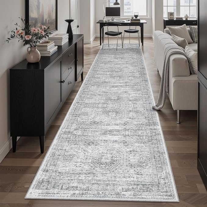 Soalmost Hallway Runner Rug 2'6"x10' Non-Slip Runners for Kitchen Grey | Washable Vintage Long Rugs 2.5x10ft Bathroom, Thin Low Pile Foldable 10ft Floor Carpet Mat for Entryway Corridor Bedroom