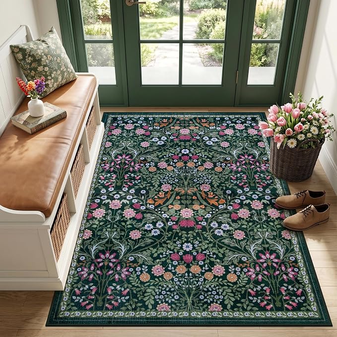 Area Rug Living Room Rugs: Floral 3x5 Washable Rug Vintage Soft Boho Non-Slip Carpet Indoor Floor Stain Resistant Large Carpets for Bedroom Dining Room Farmhouse Nursery Hallway Dark Green