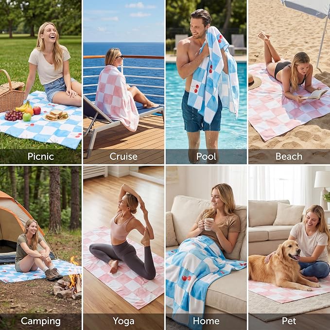 Microfiber Beach Towel Oversized w/Travel Bag, 71 * 36'' Double Print Quick Dry XL Beach Towels for Cruise Pool Yoga Gym Gift, Cute Lightweight Absorbent Sandproof Beach Essentials, Cherry