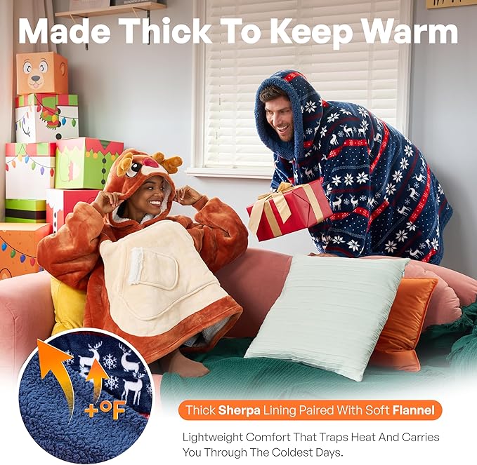 Giggling Getup Wearable Blanket Hoodie for Adults Gifts for Teen Girls Sister Women Sherpa Fleece Printed Hooded Blanket Sweatshirt Warm Cozy with Pocket & Sleeves Blue Christmas Nordic
