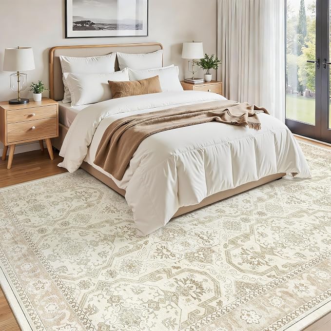 Soalmost 7x10 Area Rug for Living Room Washable Rugs Non-Slip Beige/Brown | Low-Pile Vintage Carpet for Dining Bedroom, Foldable Thin Stain Resistant Floor Mat Under Table Home Office Nursery Decor