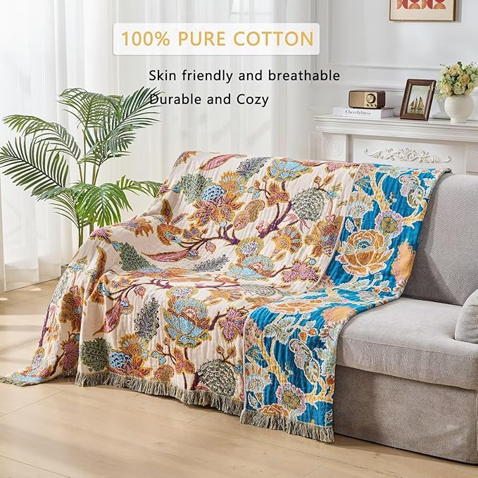 Boho Throw Blanket Farmhouse Decor Throw Blanket Bohemian Blanket for Bed 100% Cotton Muslin Woven Couch Blanket All Seasons Quilt Bedroom (E-Beige, 60"x80")