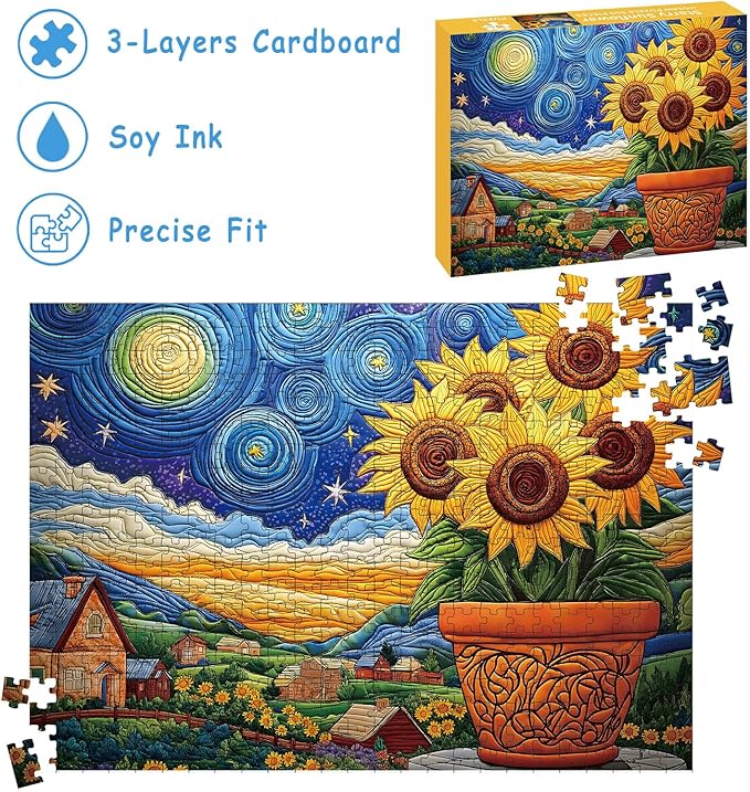 Puzzles for Adults 500 Pieces, Sunflower Puzzle Jigsaw Puzzles 500 Pieces - Starry Sunflower, Impossible Starry Night Puzzle, Finished Size 20.47 * 14.96”, with 1:1 Poster, Letter on The Back