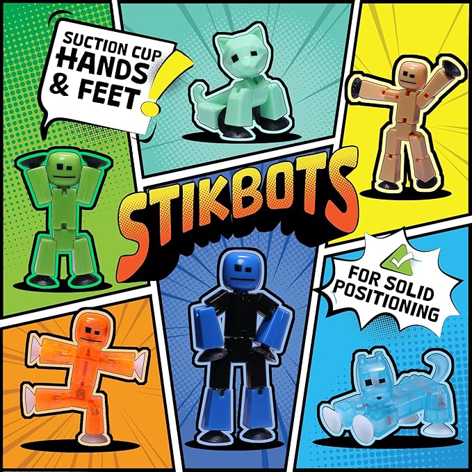 Zing Stikbot Family Pack, Set of 6 Stikbot Collectable Action Figures, Includes 2 Stikbots, 2 Junior Stikbots, 1 Dog, and 1 Cat, Stop Motion Animation - in Eco-Friendly Packaging, Age 4+