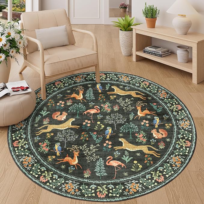 DUKINO 5ft Round Rug, Washable Animal Non Slip Circle Area Rug, Black | Low Pile, Soft, Non-Shedding Indoor Round Carpet for Bedroom, Living Room, Farmhouse, Farmhouse, Pet Friendly, Lightweight