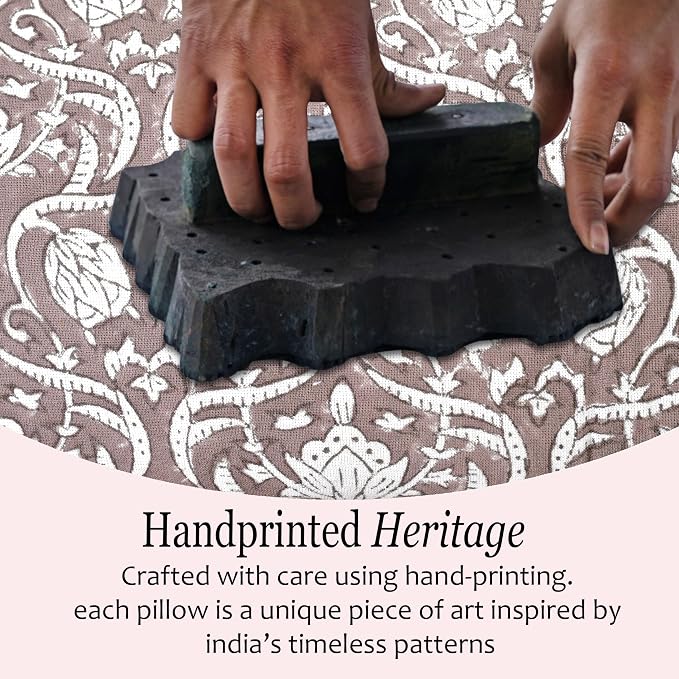 CPC Mocha Regal Hand Block Print 100% Cotton Ruffle Throw Pillow Cover 20x20 inch with Hidden Zipper Decorative for Couch, Bed, Sofa, Farmhouse, Cottagecore Decor Gift Christmas Fall Thanksgiving