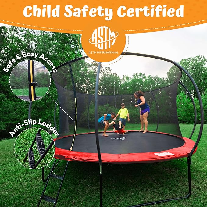JUMPZYLLA Trampoline Outdoor 8FT 10FT 12FT 14FT 15FT 16FT with Enclosure and Ladder, ASTM Approved Recreational Trampoline for Kids and Adults, Anti-Rust Coated Frame