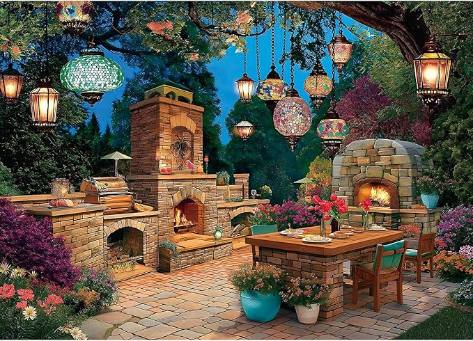 Blueforest 1000 Piece Jigsaw Puzzle for Adults - Enchanted Garden Patio: Mosaic Lanterns, Stone Fireplaces & Night Blooms, Challenging Hard Difficult Puzzles for Adults, 27.5x19.7 Inch Art Puzzle