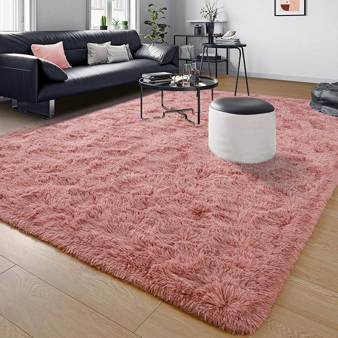 Tepook Blush Pink Area Rugs for Living Room Girls Bedroom, 6x9 Fluffy Shaggy Dusty Pink Rug for Kids Room Playroom, Plush Shag Non-Slip Carpet for Nursery Dorm Classroom, Cute Rose Beige Rug