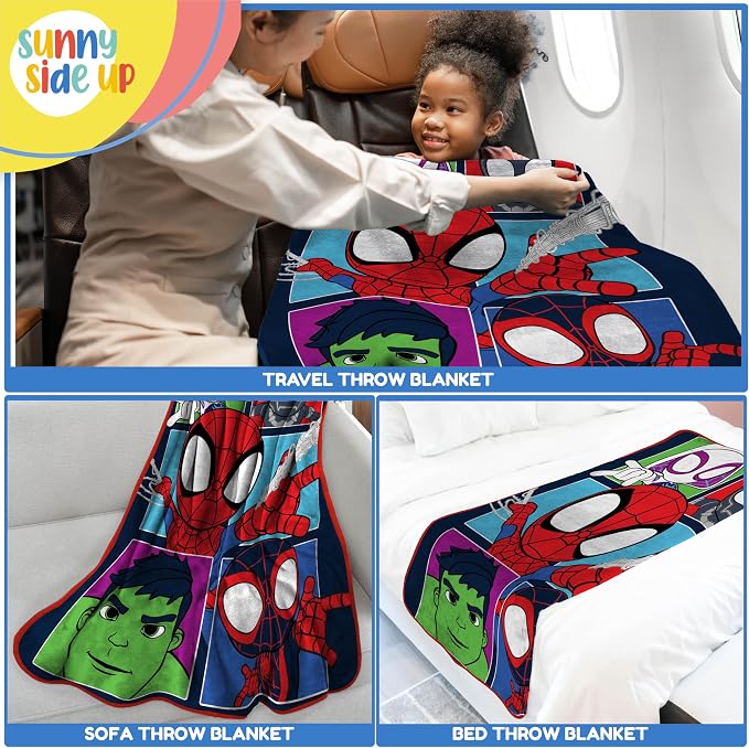 Sunny Side Up Marvel Spidey & His Amazing Friends Plush Travel Throw Blanket - Measures 40 x 50 Inches - Super Soft & Cozy Travel Accessories Features Miles Morales & Ghost Spider Gwen