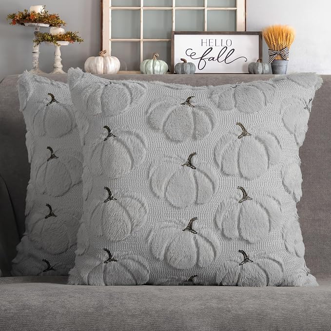 Fall Pumpkins Decorative Pillow Covers 18x18 Set of 2, Gray Soft Plush Faux Fur Wool Farmhouse Throw Cushion Cases for Autumn Thanksgiving Holiday Home Decorations