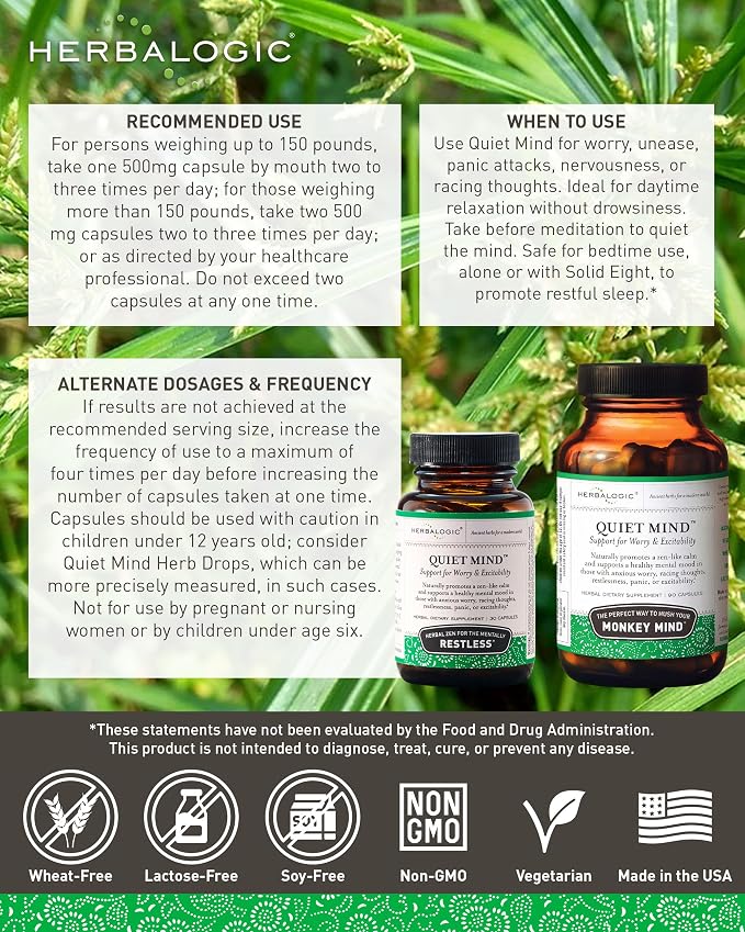 Herbalogic - Quiet Mind Herb Capsules - Non-Sedating, Promotes a Feeling of Zen-Like Calm - Eases Anxious Worry and Panicky Mood - Based on The Traditional Chinese Formula GUI Pi Tang - 30 Cap Count