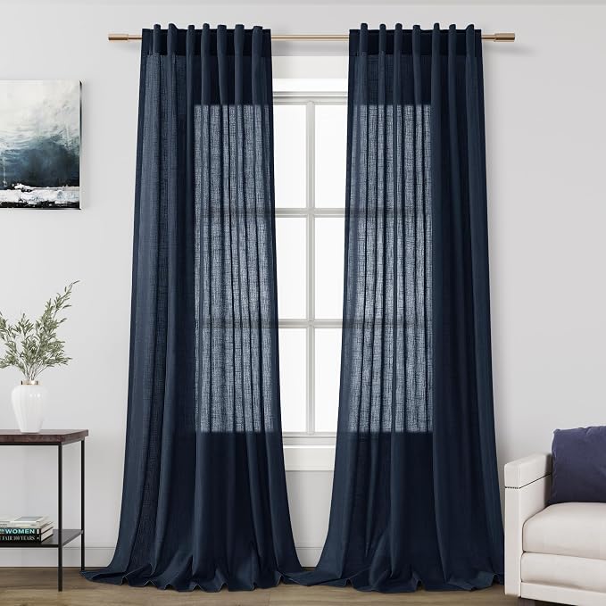 Nanspring Navy Blue Linen Curtains for Living Room 2 Panels Set Extra Long Back Tab Light Filtering Semi Sheer Curtain Drapes for Bedroom Neutral Farmhouse Ceiling to Floor for Large Window 52x100