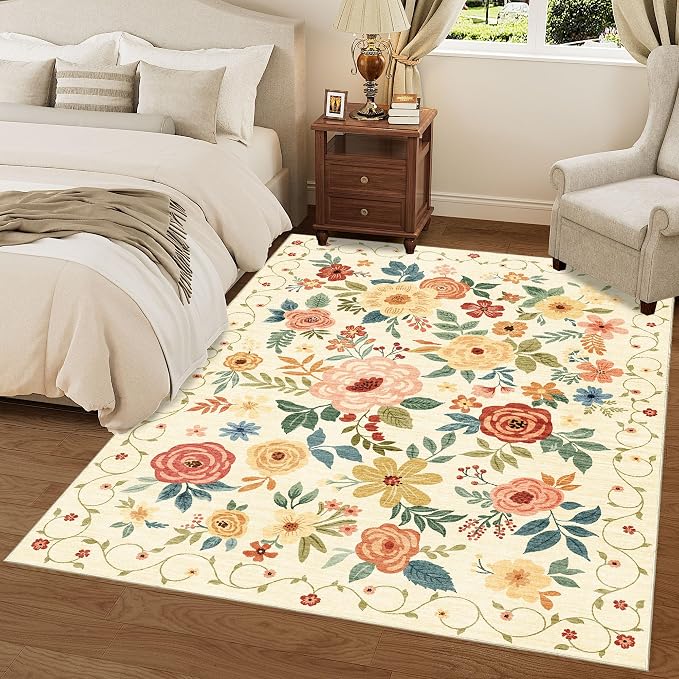 DUKINO 9x12 Area Rug for Living Room, Washable Rug Non Slip, Beige Yellow | Soft, Low Pile, Floral Indoor Large Rug for Bedroom, Dining Rom, Kids Playroom, Office, Pet Friendly, Home Decor, Lightweight