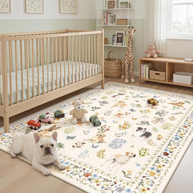 Soalmost Dog 6x9 Area Rugs for Living Room, Washable Animal Soft Rug Beige | Floral Vintage Non-Slip Low Pile Cute Throw Rugs for Kitchen Dining Room Bedroom Nursery Playroom 6' x 9'