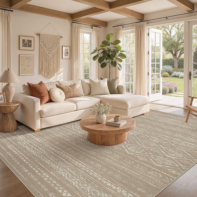 Nakagishi Area Rug Living Room Rugs: 6x9 Large Soft Machine Washable Boho Moroccan FarmNeutral Stain Resistant Indoor Floor Carpet for Bedroom Under Dining Table Home Office Decor-Dark Brown