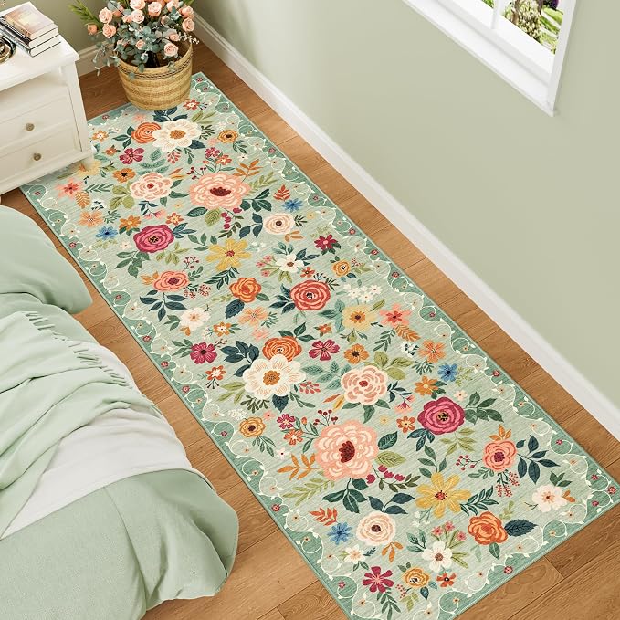 DUKINO 2x6 Runner Rug for Hallway, Washable Kitchen Rugs Non Slip, Green | Low Pile, Soft, Floral Indoor Rug for Entryway, Bedroom, Laundry, Bathroom, Pet Friendly, Lightweight, Modern Home Decor