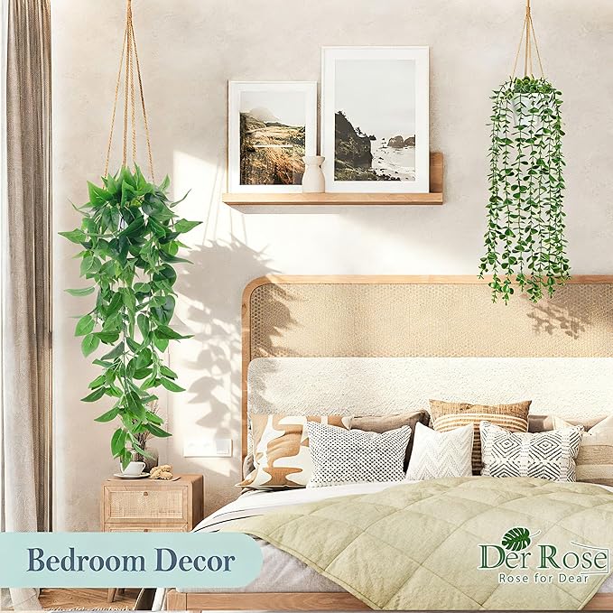 Der Rose 4Pcs Fake Hanging Plants with White Pots for Bright Shelf Decor | Faux Plants Indoor with mixed cascading styles add clean contrast and depth to mondern bathroom, kitchen, bedroom, wall decor