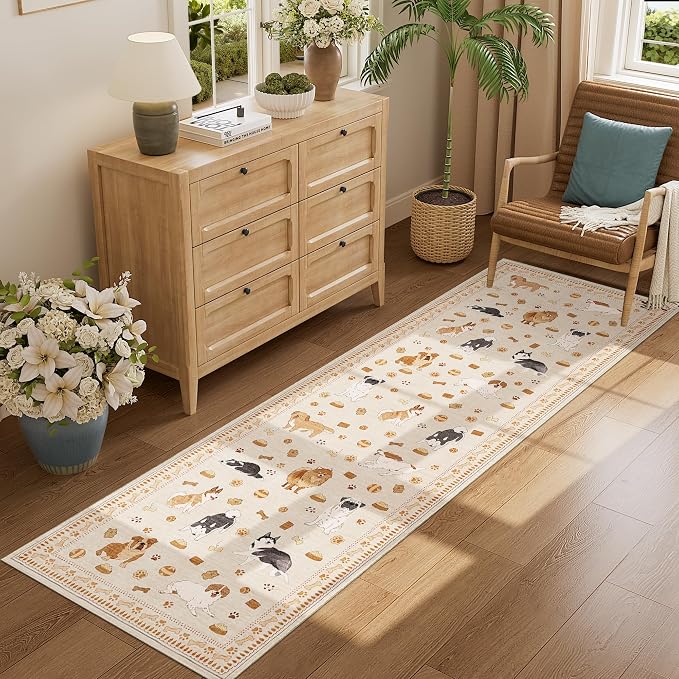 DUKINO 2x10 Kitchen Runner Rug, Washable Dog Rug Soft Non Slip Beige Yellow | Stain Resistant, Low Pile, Non-Shedding Animal Indoor Long Carpet Runner for Hallway Entryway Bathroom Laundry Bedroom