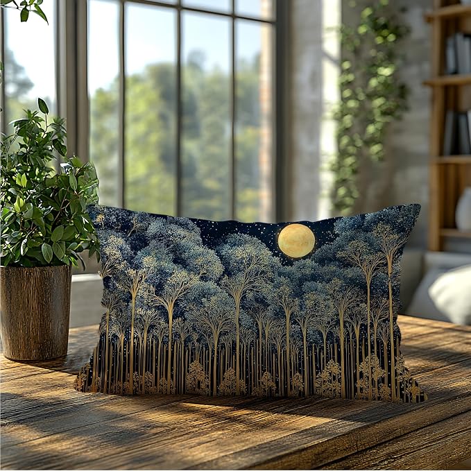 Rustic William Morris Night Forest Moon Decor Pillow Covers 20x12,Vintage Dark Gold Botanical Nature Landscape Decorative Throw Pillow Covers for Home Bedroom Living Room