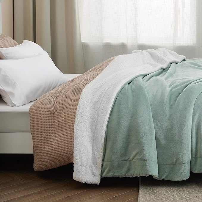 Bedsure GentleSoft Sherpa Fleece Blanket Queen Size for Bed, Non-Heated, Thick and Warm Throw for Women and Men, Soft Fuzzy Plush Queen Blanket for Spring, Sage Green, 90x90 Inches