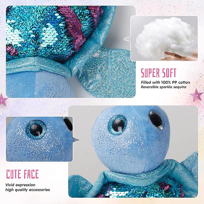Athoinsu Reversible Sequins Stuffed Animal Sea Turtle Sparkly Soft Plush Toy Ocean Life Tortoise Throw Pillow Birthday Valentine's Day Plushie Gifts for Toddler Kids Boys and Girls, 12'' (Blue)