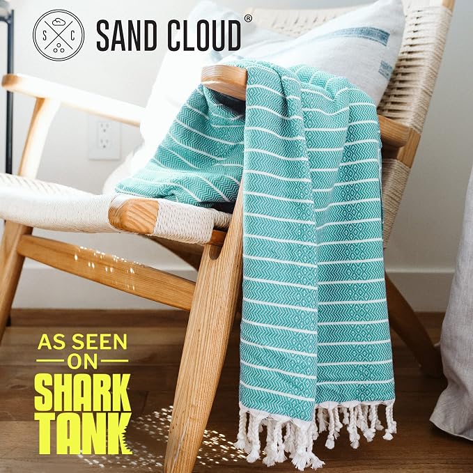 Sand Cloud Large Turkish Beach Towel - Sand Resistant - Fast Drying -100% Certified Organic Turkish Cotton Yarn - Great for Beach Bath or as a Blanket - As Seen on Shark Tank - Gocek (Mint) 37x69