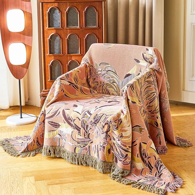 VANJOROY Boho Throw Blanket 80" x 90", 100% Organic Cotton Breathable Skin-Friendly Ultra Soft Bed Quilt Throw - Floral Rustic Decor Luxury Reversible Blanket for Sofa Couch Chair and Gift,