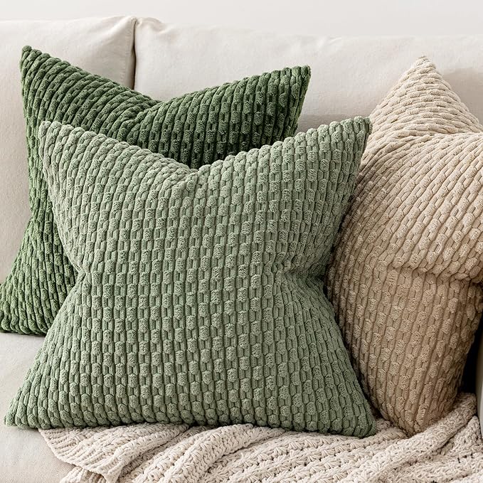 MIULEE Decorative Throw Pillow Covers 26x26 Sage Green Textured Corduroy | Pack of 2 Striped Pillow Covers Modern Farmhouse Home Decor for Couch Bed Sofa Living Room