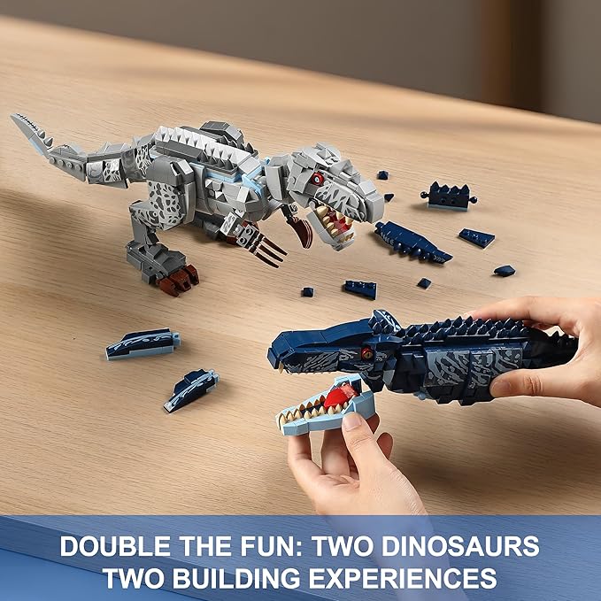 Dual Dinosaur Building Sets - Indominus Rex & Mosasaurus Dinosaur Toys with Poseable Joints, STEM Educational Toys for Kids Ages 6-12, Creative Birthday Gifts for Boys and Girls