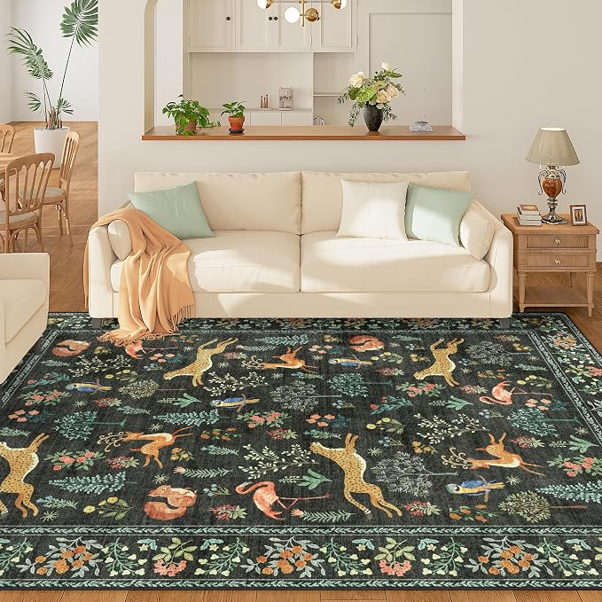 DUKINO 6x9 Area Rug, Washable Animal Living Room Rug Non Slip, Black | Soft, Low Pile, Non-Shedding Indoor Large Carpet for Bedroom, Dining Room, Kids PlayRoom, Farmhouse, Pet Friendly, Home Decor