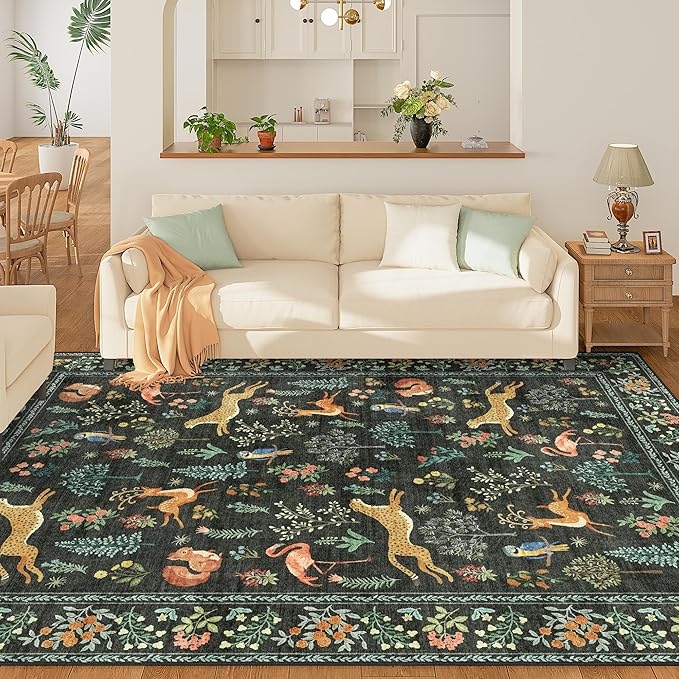 DUKINO 8x10 Area Rugs, Washable Soft Animal Bedroom Rug Non Slip, Black | Non Slip, Low Pile, Stain Resistant Indoor Large Carpet for Living Room, Dining Room, Kids PlayRoom, Farmhouse, Pet Friendly