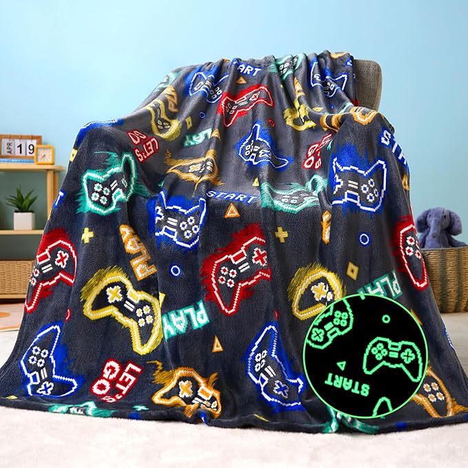 Joiedomi Glow in The Dark Gaming Blanket Gamer Gifts for Boys Age 2 3 4 5 6 7 8 9 10 11 12 Year Old, Soft Cozy Flannel Kids Throw Blanket, Birthday Bedroom Decor Grey 50"×60"