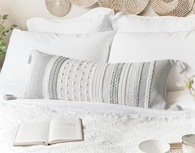 Gray Decorative Lumbar Pillow Cover 14x36, Grey Boho Long Body Pillow for Bed, Farmhouse Lumbar Throw Pillow for Couch, Modern Accent Textured Throw Pillowcase