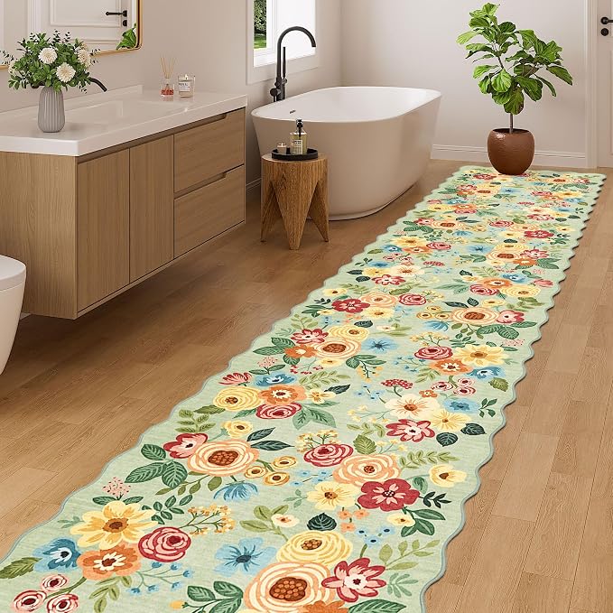 DUKINO 2.6x12 Washable Runner Rug, Floral Non Slip Long Kitchen Rug, Green | Low Pile, Stain Resistant, Soft Throw Rugs Runner for Hallway, Entryway, Bedroom, Bathroom, Modern Home Decor, Non-Shedding