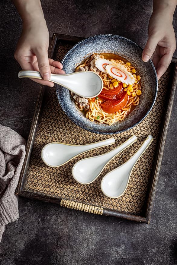LYEOBOH Asian Soup Spoons, 6.5 inch Ceramic Soup Spoon Set of 6, Dinner Spoons with Deep Hook for Home, Kitchen, Dishwasher & Microwave Safe, Farmhouse Style, Beige