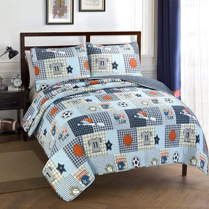 Cozy Line Home Fashions Blue Sports Baseball Basketball Soccer Ball Football Quilt Set Bedspread Coverlet for Boys Kids (Sport, Queen - 3 Piece)