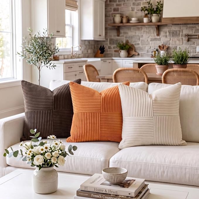 Fancy Homi 2 Packs Burnt Orange Decorative Throw Pillow Covers 18x18 Inch for Living Room Couch Bed Sofa, Farmhouse Boho Home Decor, Soft Corss Corduroy Patchwork Textured Accent Cushion Case 45x45 cm