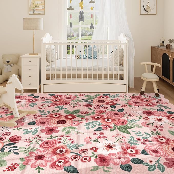 DUKINO 8x10 Area Rug for Living Room, Floral Washable Rug Non Slip, Pink | Soft, Low Pile, Stain Resistant Throw Large Rug for Bedroom, Dining Room, Nursery, Kids Playroom, Pet Friendly, Home Decor