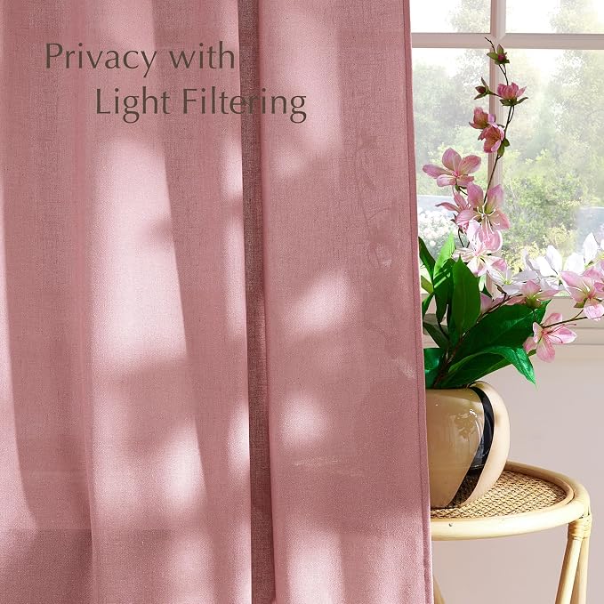 NICETOWN Linen Pink Curtains for Girls Room, Grommet Thick Flax Semi Sheer Window Treatments Privacy Assured with Light Filtering for Bedroom/Kids Room, 2 Panels, W55 x L84