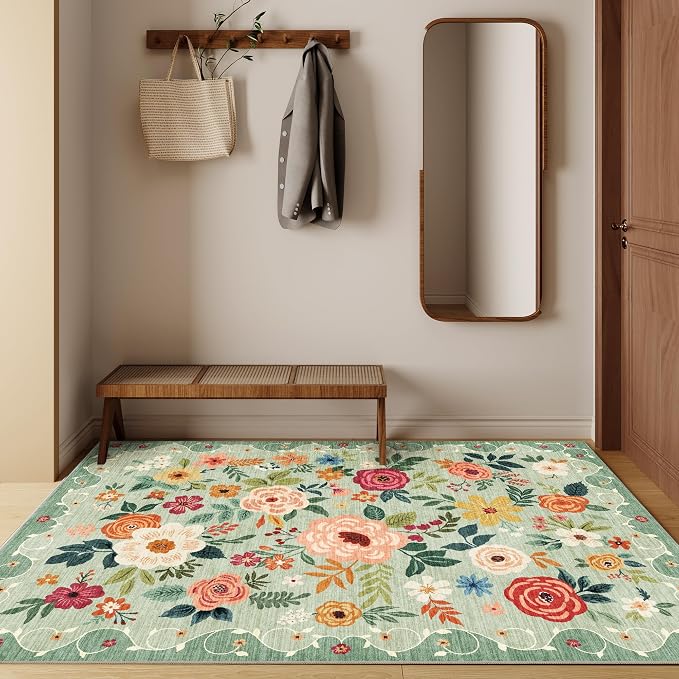 DUKINO 3x5 Area Rug, Floral Washable Rug for Bedroom Non Slip, Green | Soft, Stain Resistant Low Pile Indoor Rug for Entryway, Bedroom, Bathroom, Living Room, Pet Friendly, Home Decor, Lightweight